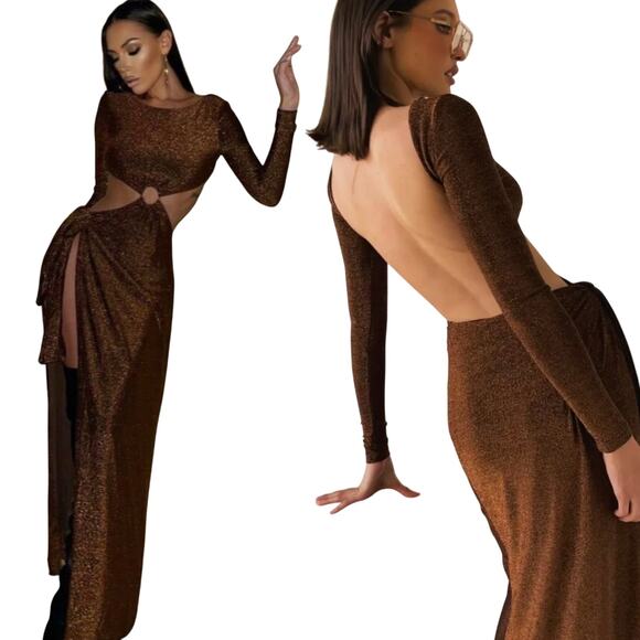 MESHKI Christina Backless Cut out Dress Long Sleeve Brown Gold Metallic NEW XXS - Picture 1 of 12